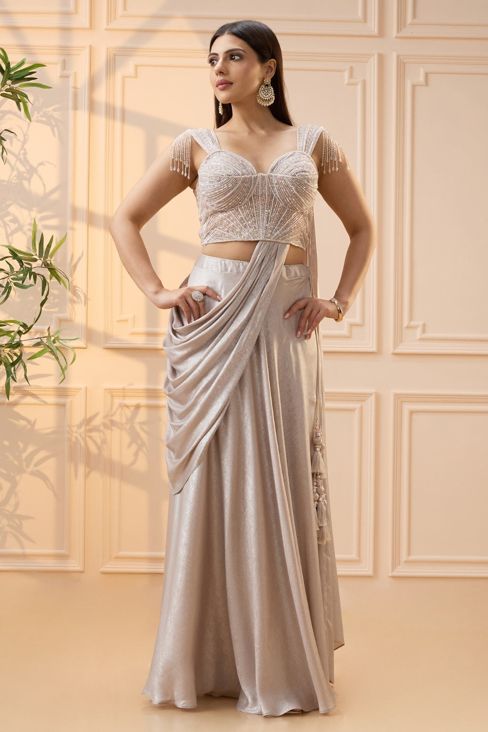 Light Lilac Simmar Indo Western with Cutdana and Moti Work