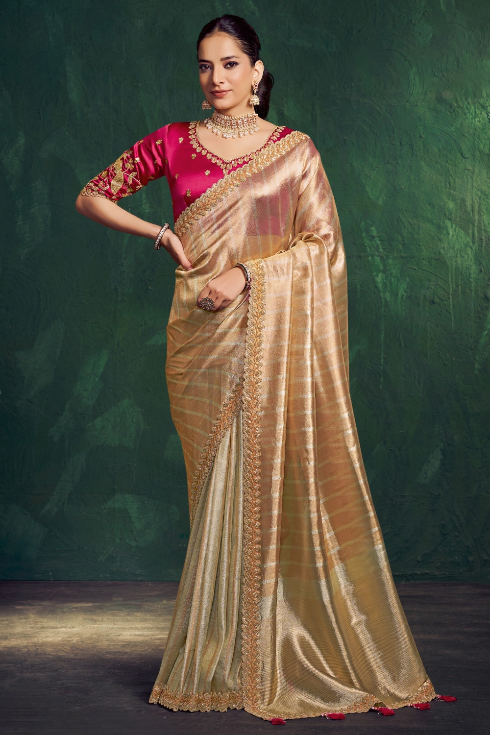 Light Orange Tissue Saree with Beads and Sequins Work