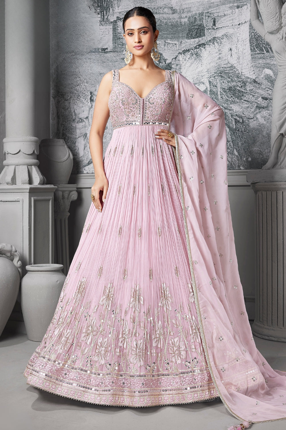 Light Pink Chinon Anarkali Set with Mirror and Cutdana Work