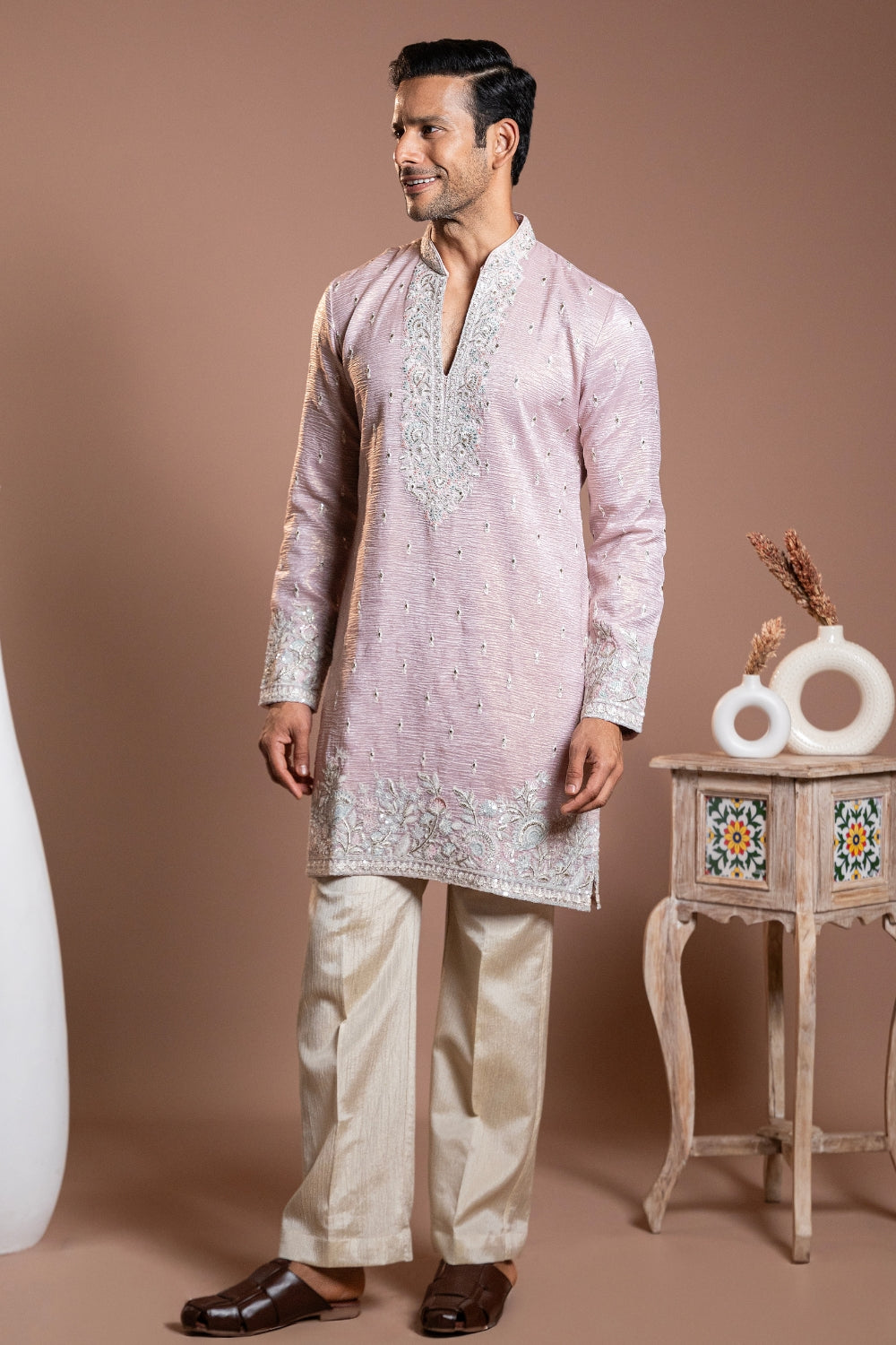 Light Pink Crepe Silk Kurta Set with Sequins and Resham Embroidery
