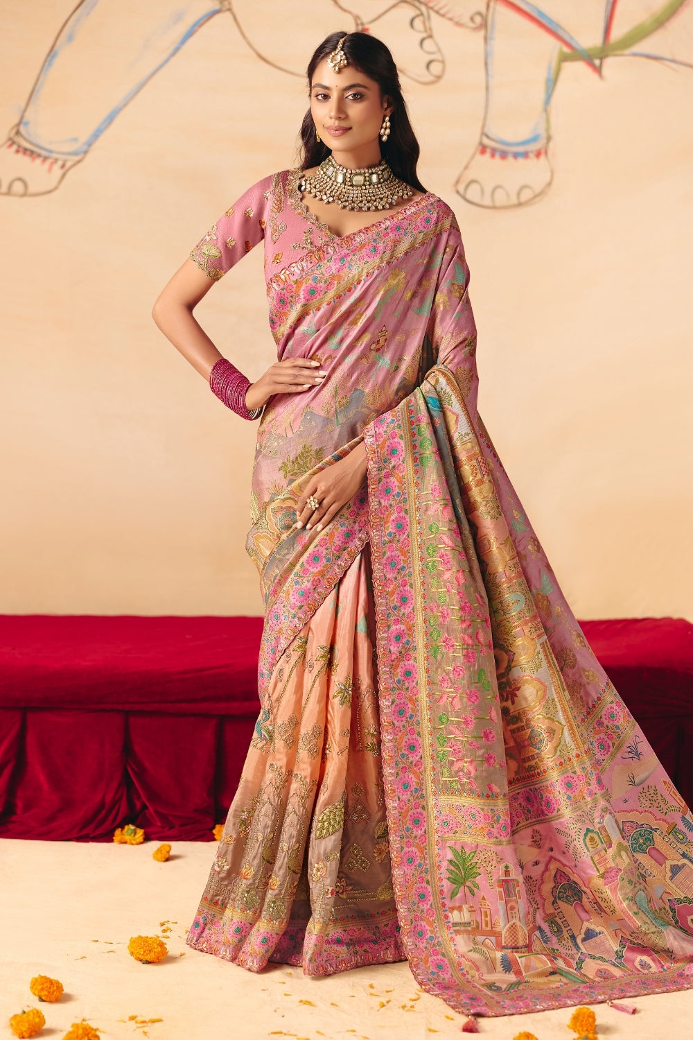 Light Pink Silk Saree with Resham Embroidery Work