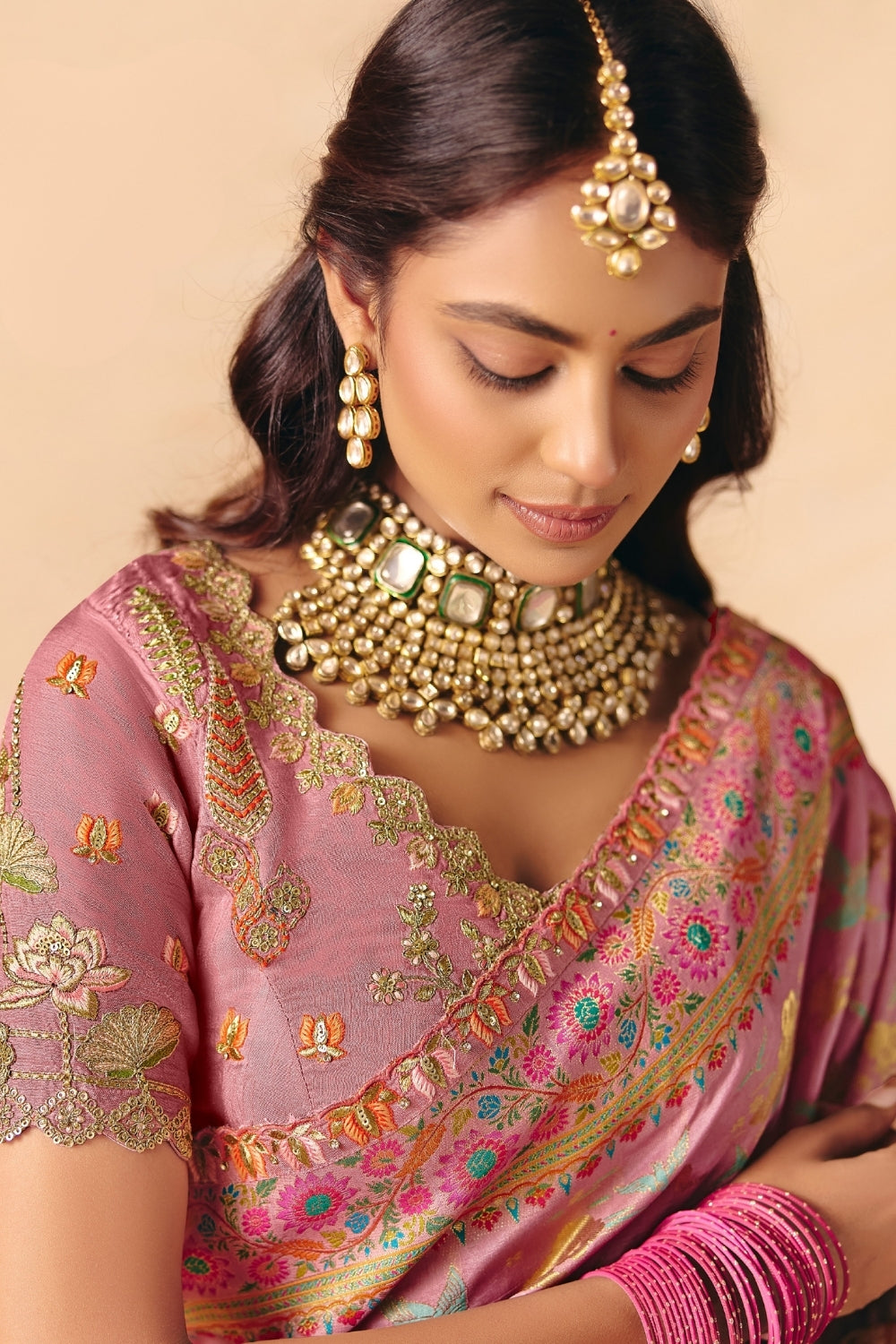 Light Pink Silk Saree with Resham Embroidery Work