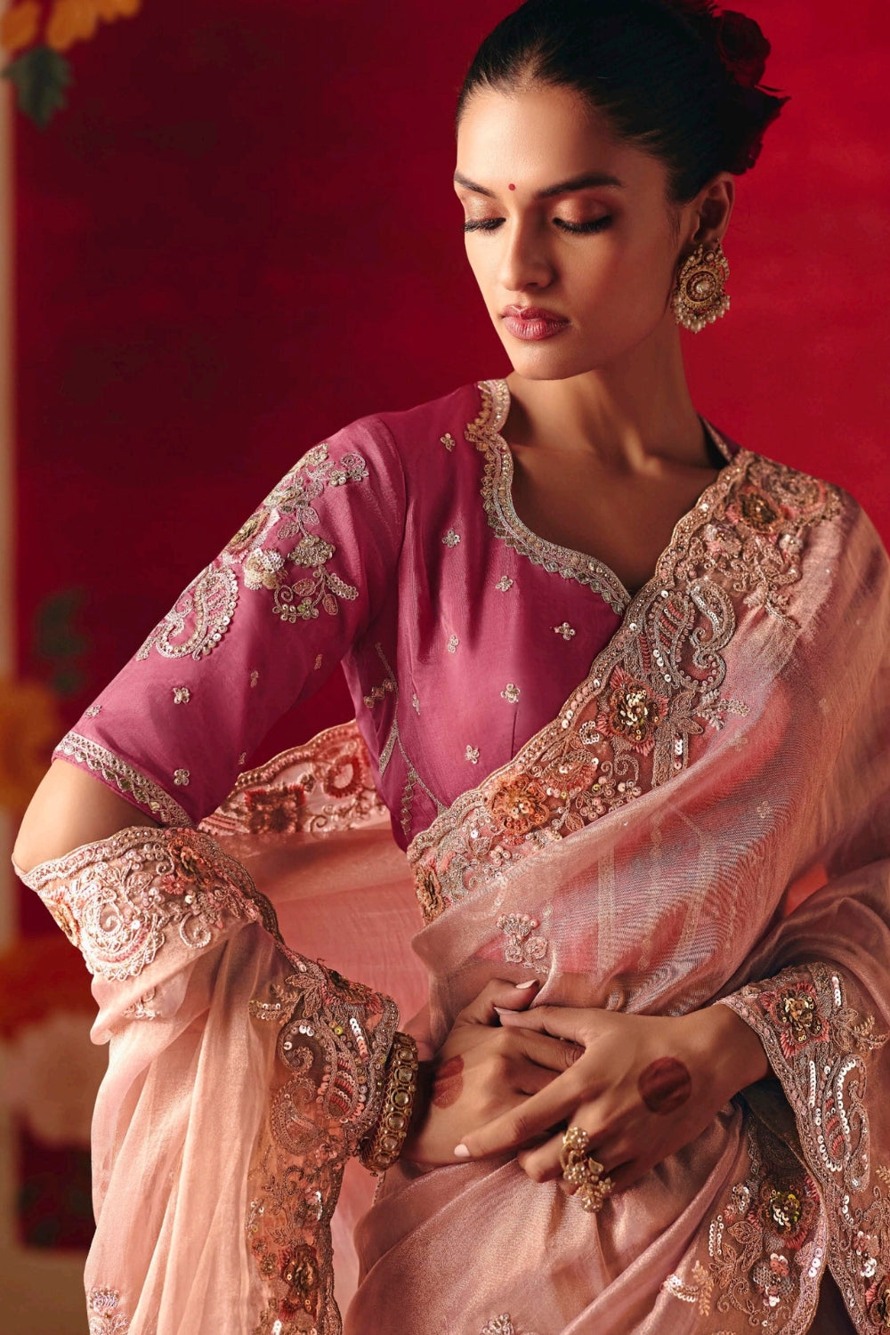 Light Pink Silk Saree with Stone and Moti Work