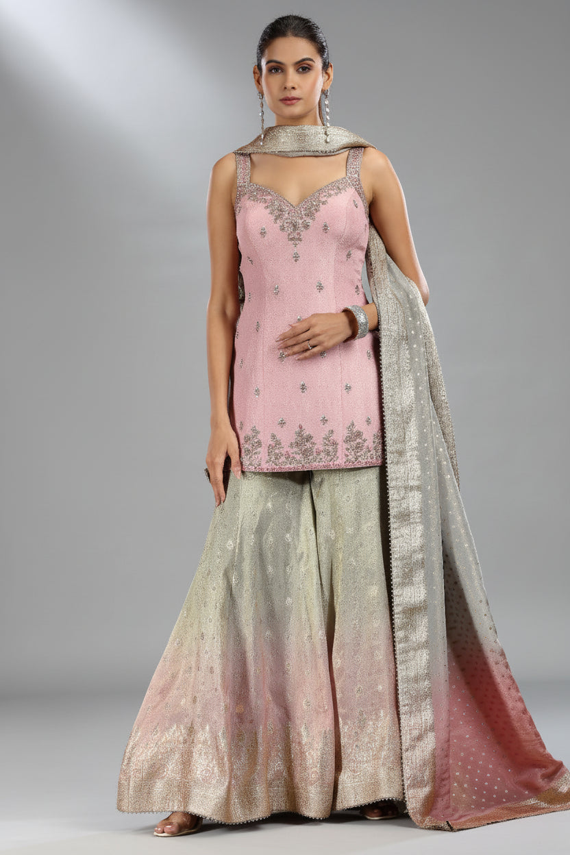 Light Pink Tissue Palazzo Set with Mirror and Beads Work