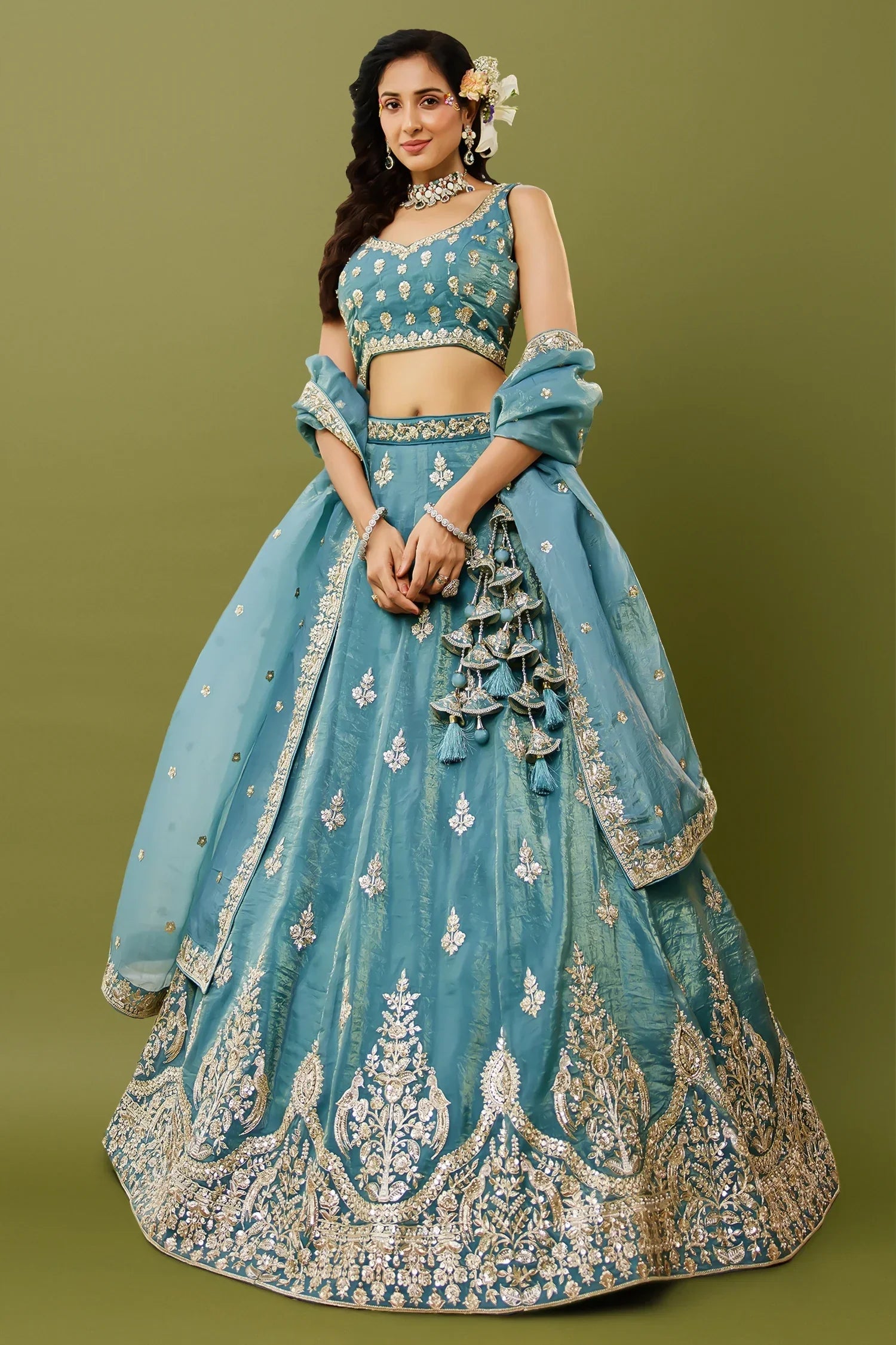 Light Sea Green Organza Silk Lehenga with Sequin Zari Embroidered Border