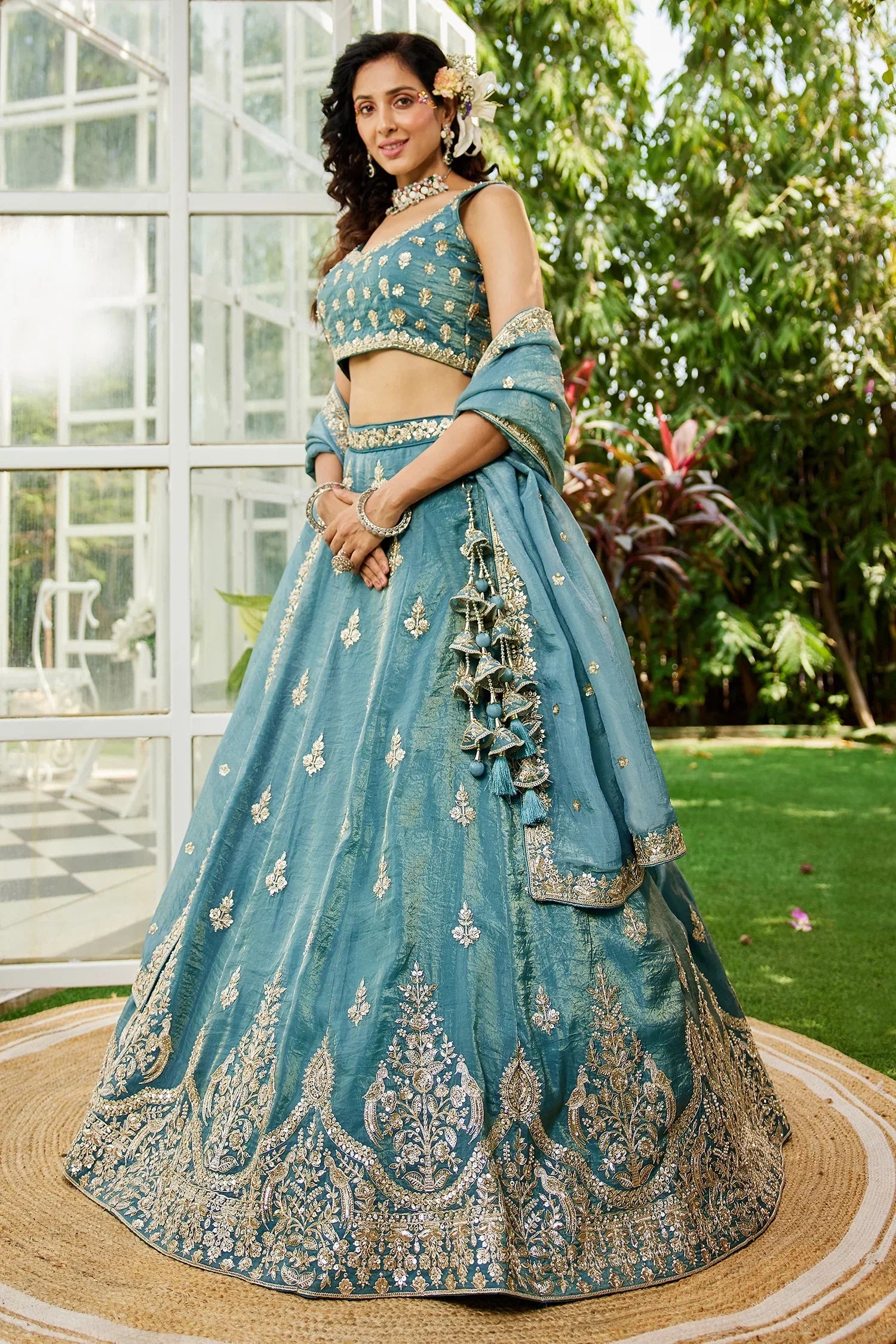 Light Sea Green Organza Silk Lehenga with Sequin Zari Embroidered Border