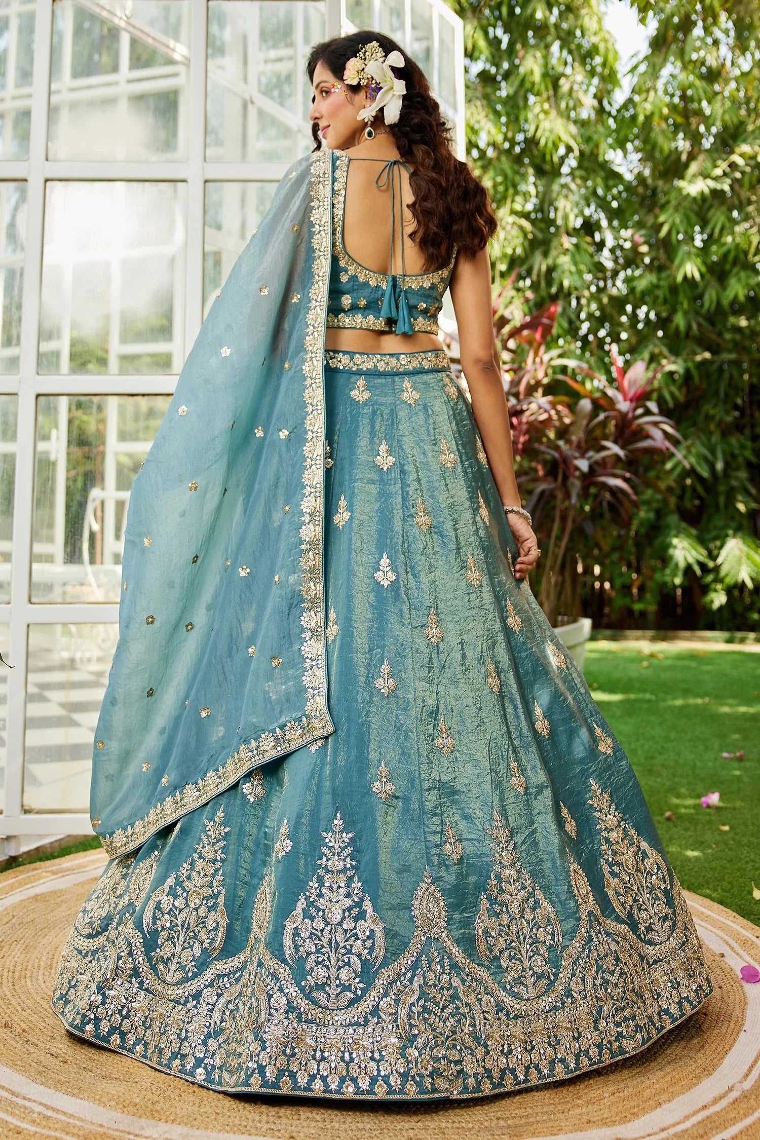 Light Sea Green Organza Silk Lehenga with Sequin Zari Embroidered Border