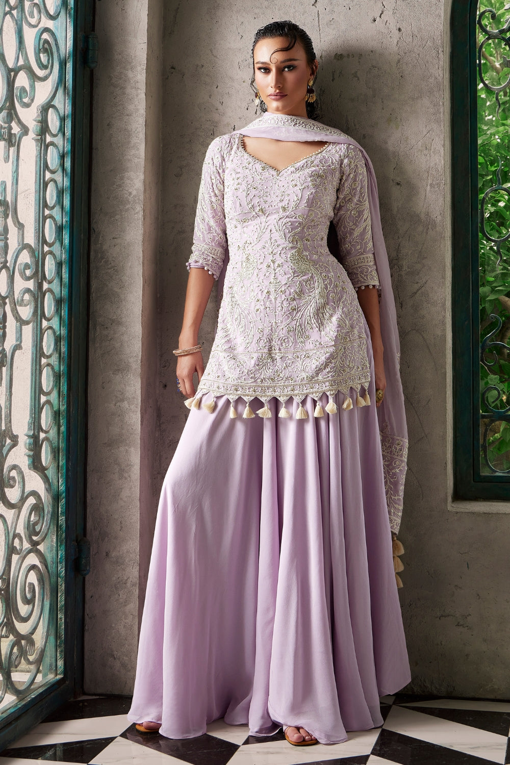 Lilac Georgette Palazzo Set with Cutdana and Embroidery Work