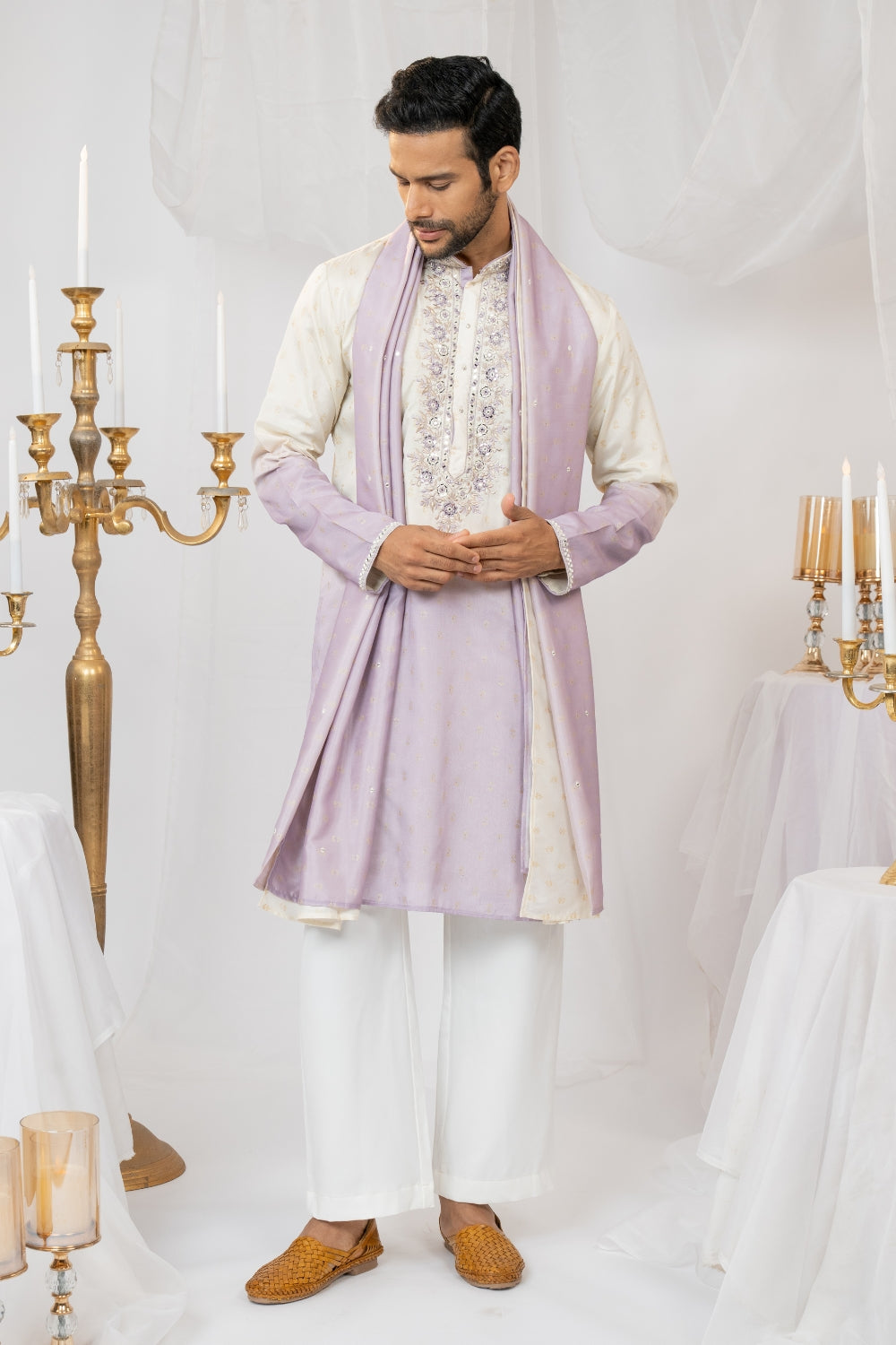 Lilac Ombre Silk Kurta Set with Mirror and Thread Embroidery