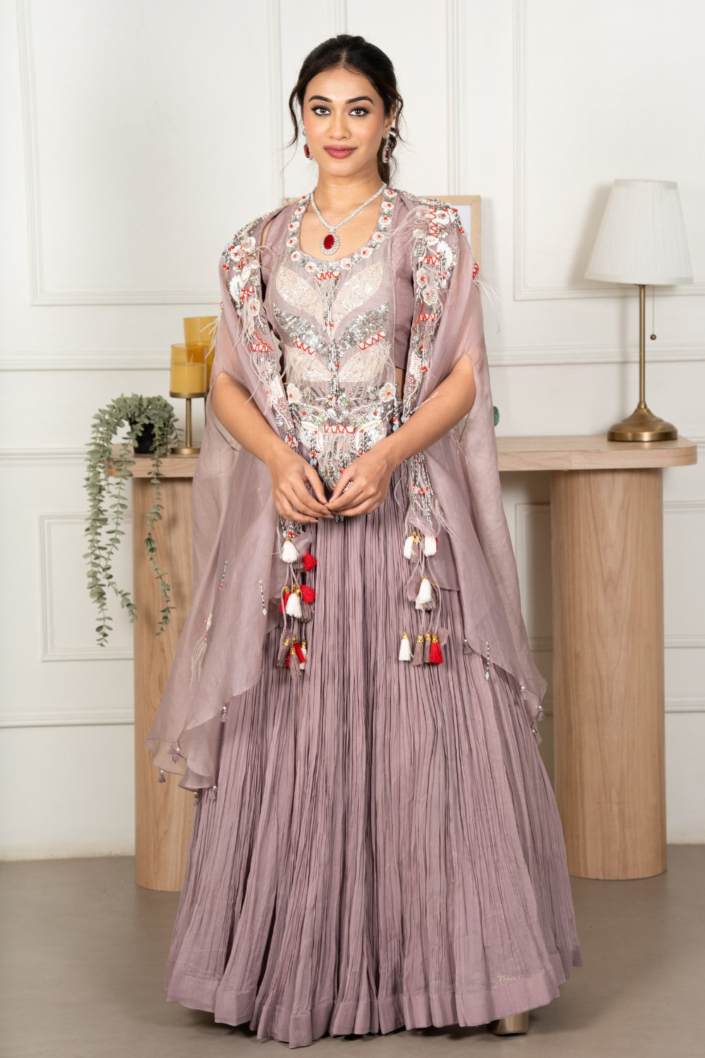 Lilac Raw Silk Lehenga Choli with Cutdana and Moti Embroidery