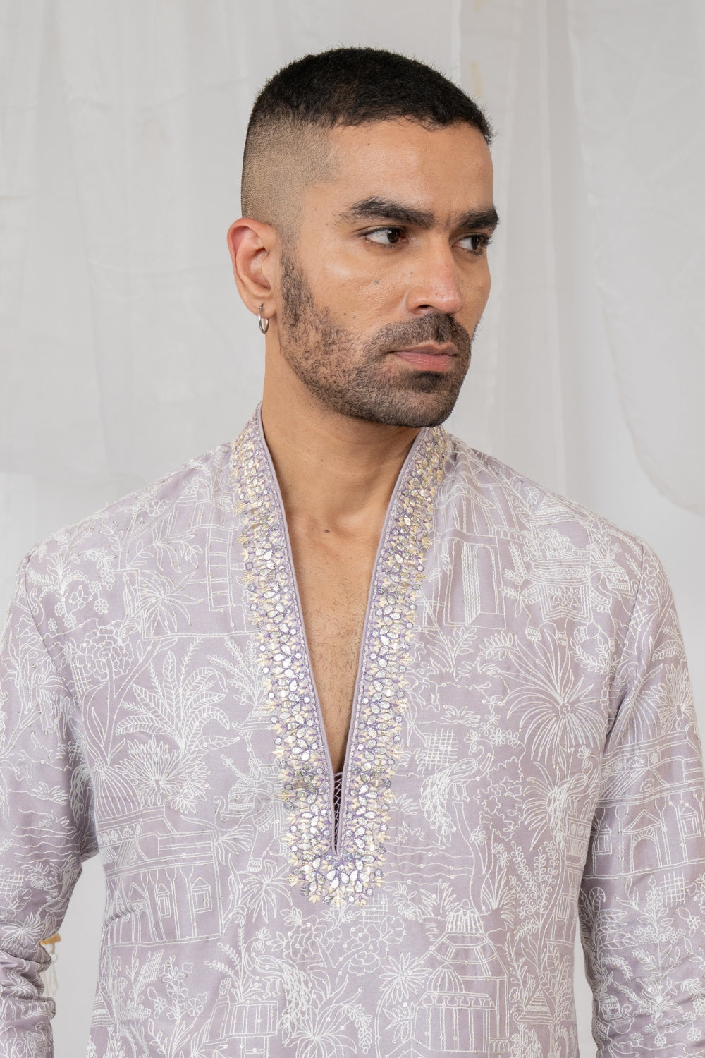 Lilac Silk Kurta Set with Sequins and Embroidery