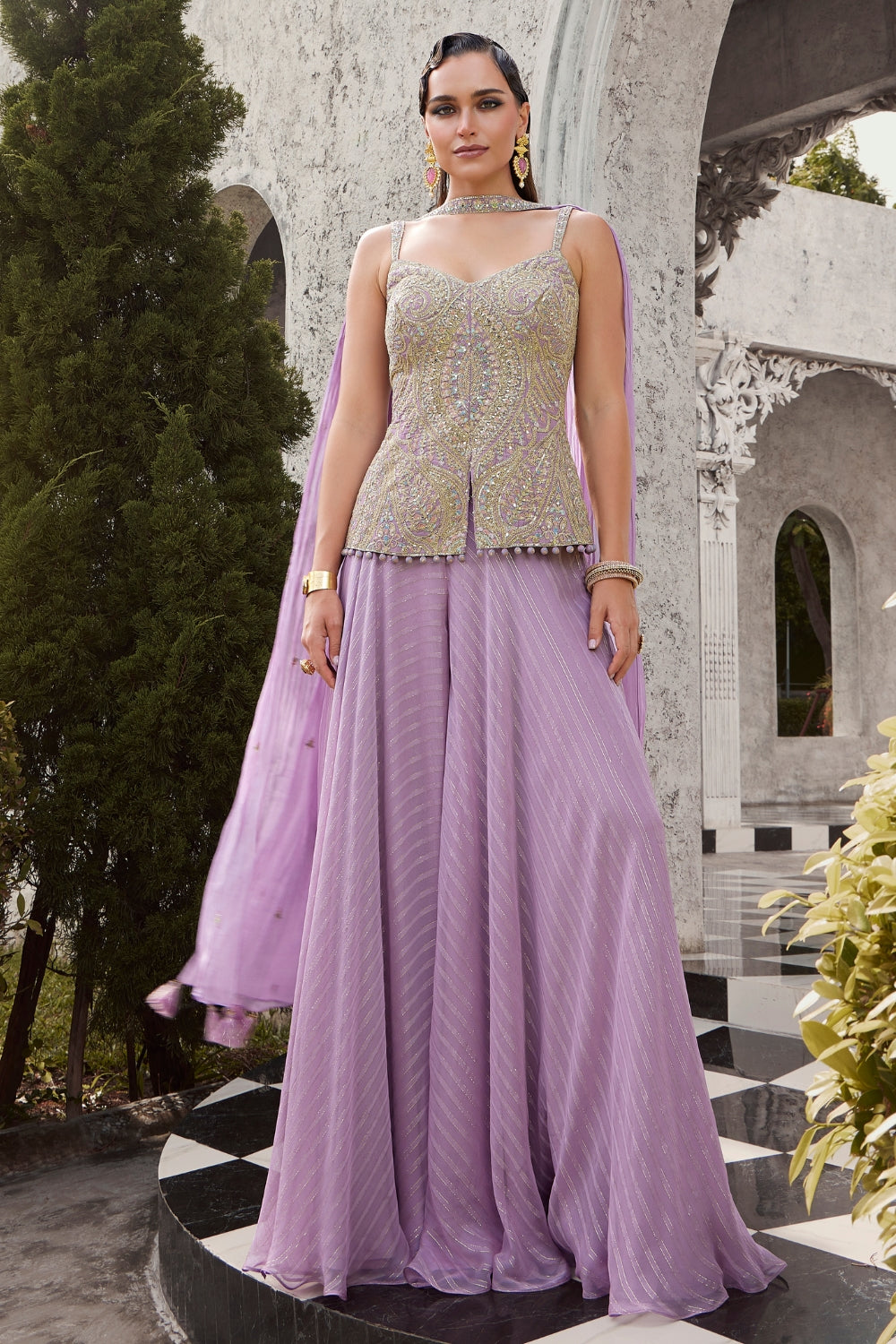 Lilac Silk Palazzo Set with Sequins and Embroidery Work