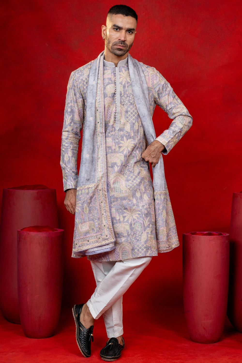 Lilac Silk Printed Kurta Set with Zari Embroidery
