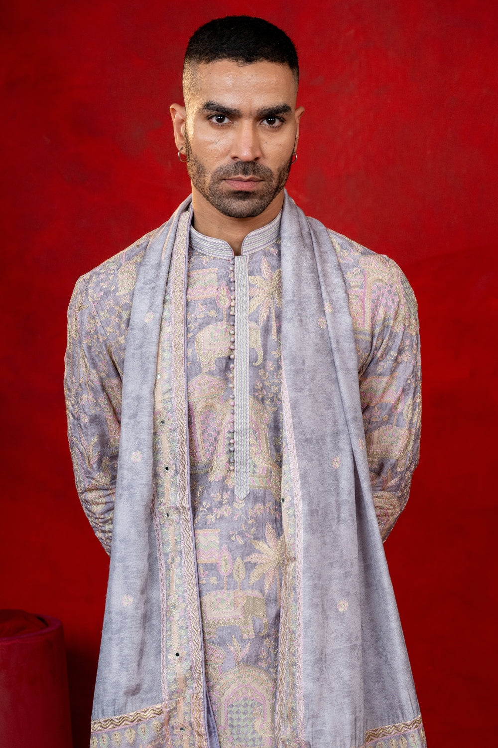 Lilac Silk Printed Kurta Set with Zari Embroidery