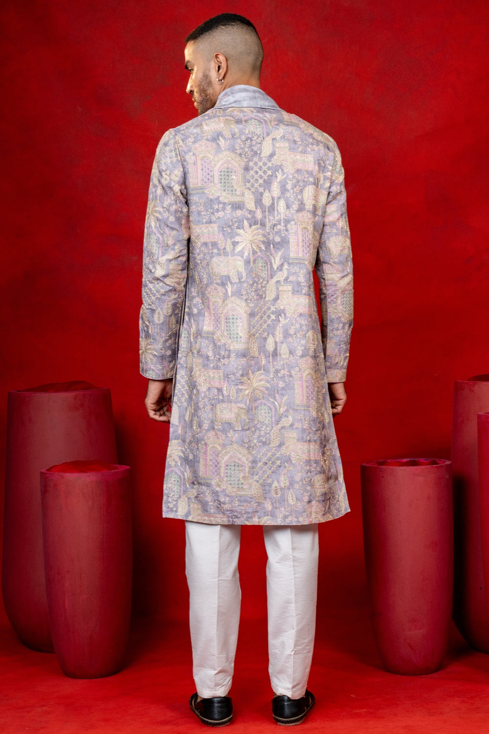 Lilac Silk Printed Kurta Set with Zari Embroidery