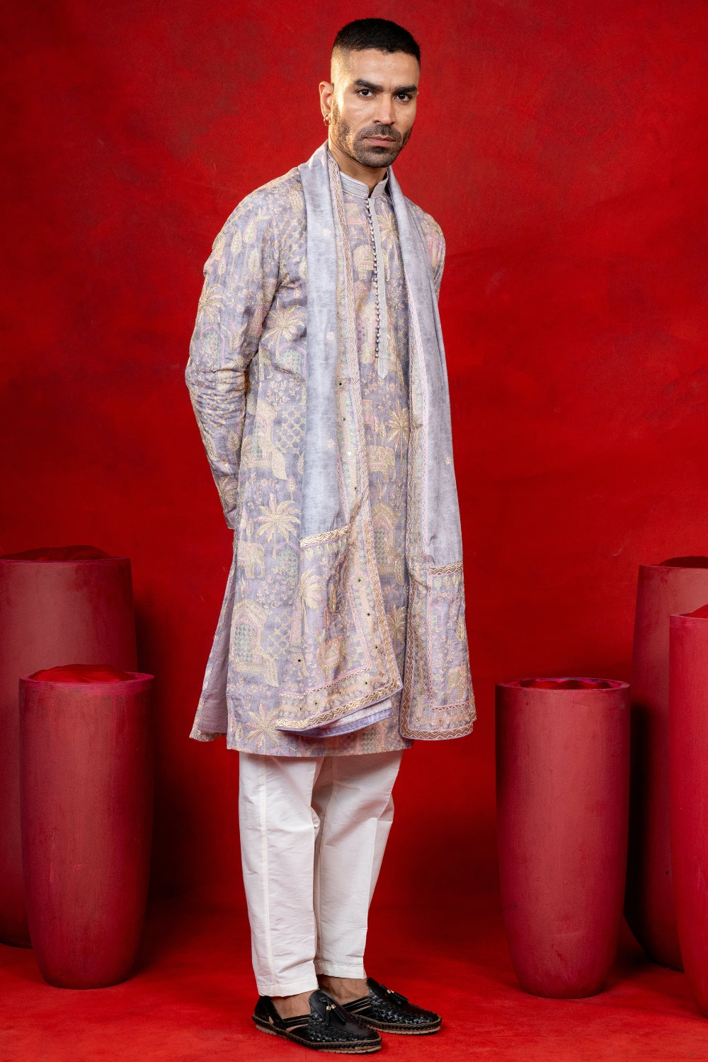 Lilac Silk Printed Kurta Set with Zari Embroidery