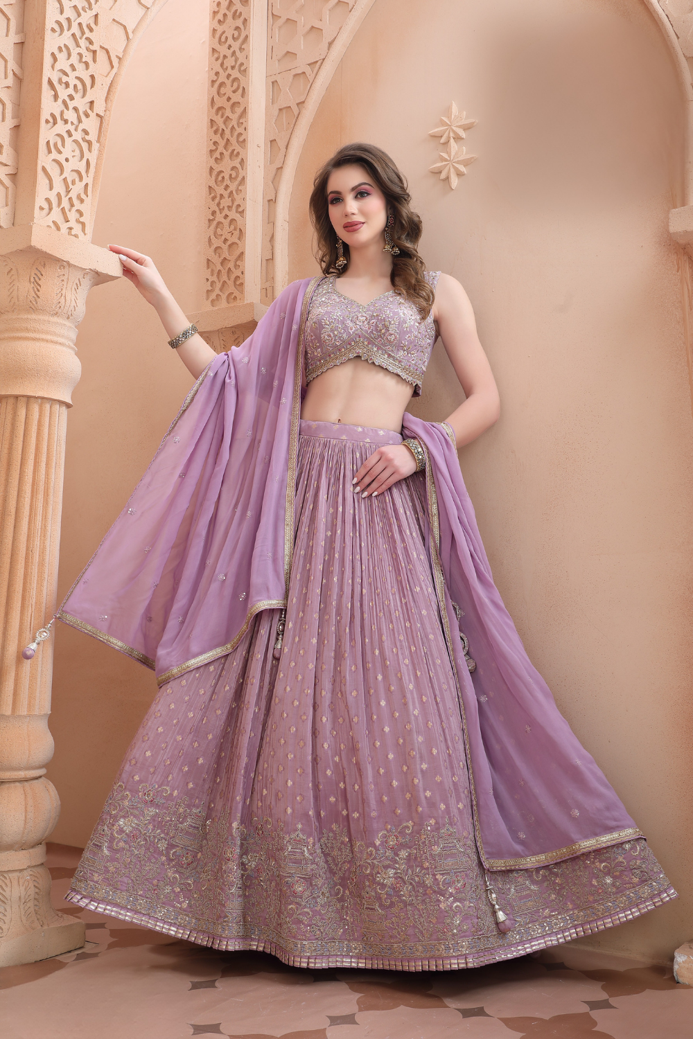 Lilac Tissue Lehenga Choli with Sequins and Resham Embroidery