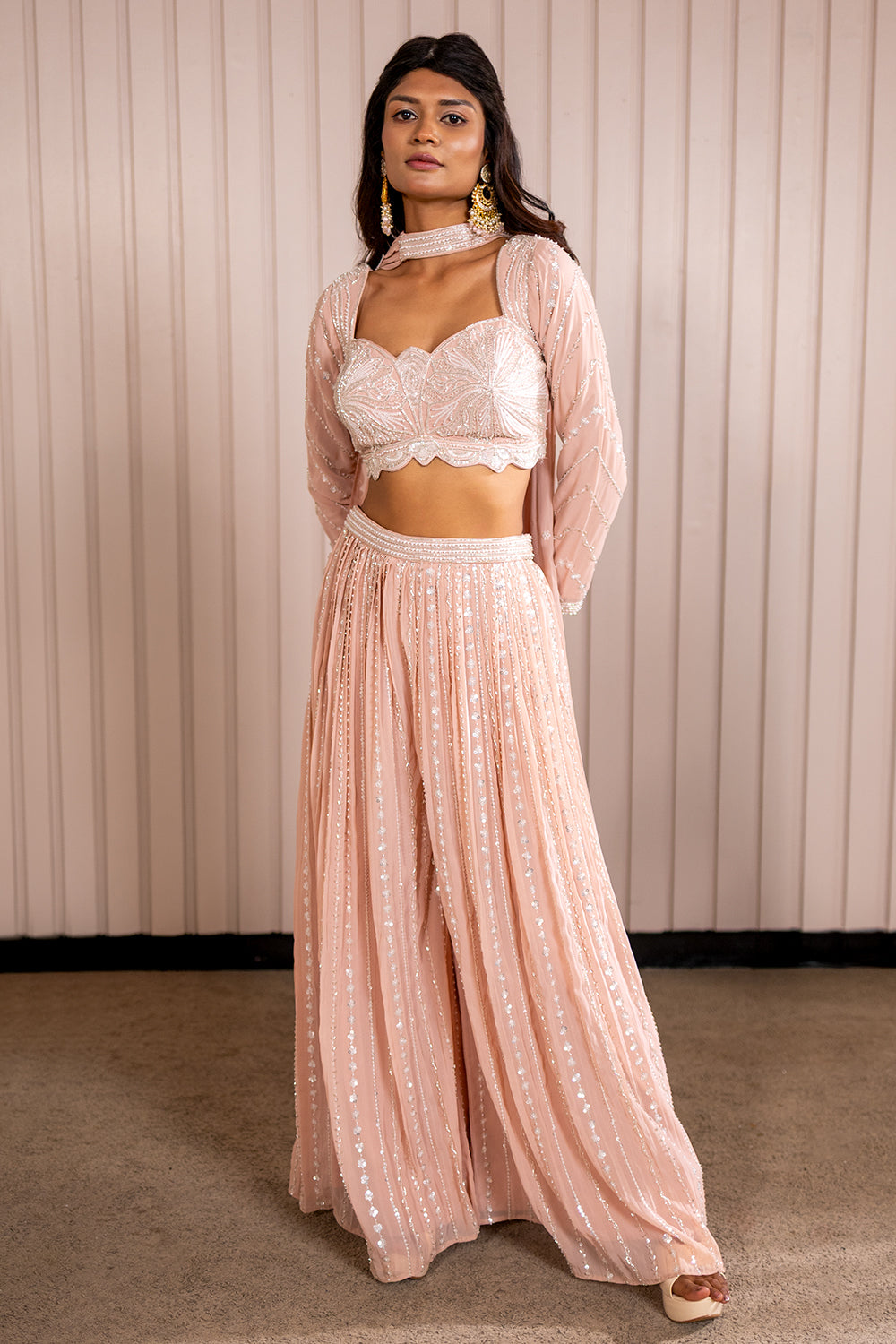 Lilac Georgette Sharara Set with Silver Sequin & Bead Embroidery.