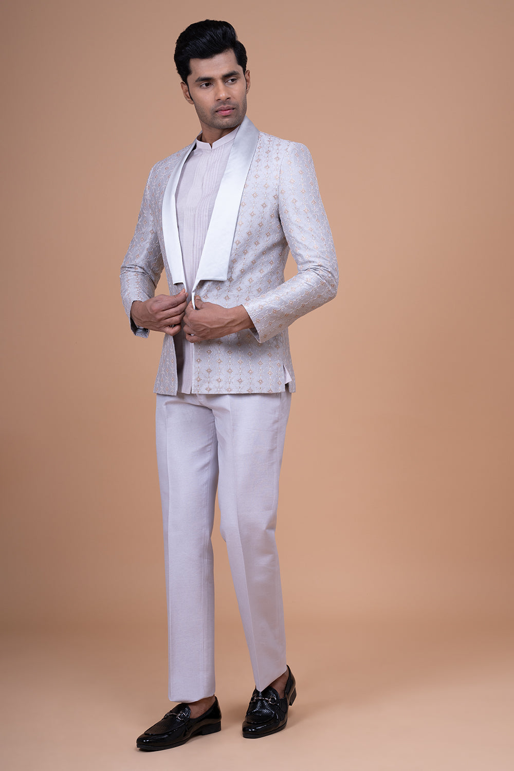 Lilac and Silver Jacquard Open-Front Jacket with Satin Shawl Lapel.