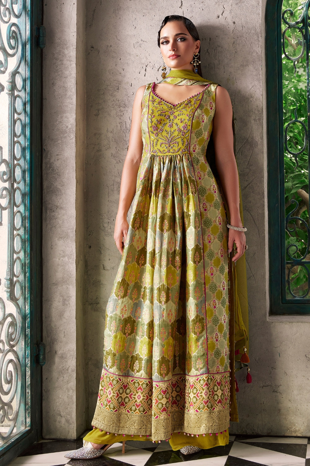 Lime Green Silk Anarkali Set with Zardosi and Cutdana Work