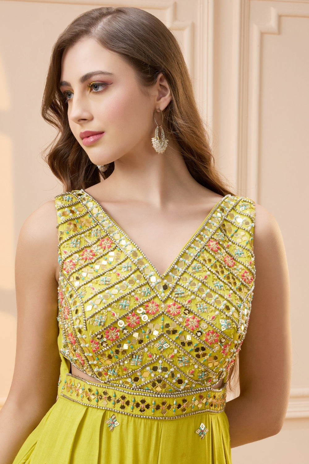 Lime Yellow Silk Indo Western with Cutdana and Moti Work