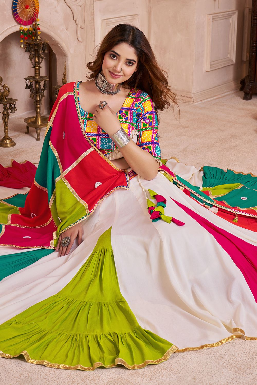 MULTI COLOR VISCOSE COTTON NAVRATRI LEHENGA CHOLI WITH MIRROR AND THREAD WORK