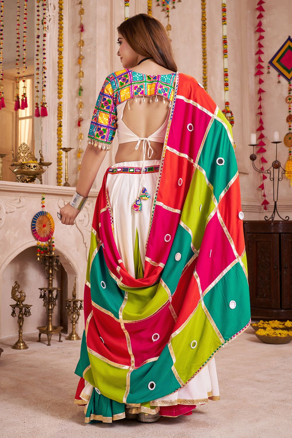 MULTI COLOR VISCOSE COTTON NAVRATRI LEHENGA CHOLI WITH MIRROR AND THREAD WORK