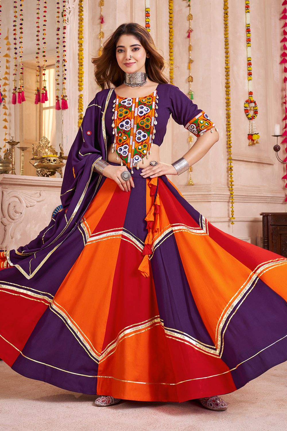 MULTI COLOR VISCOSE COTTON NAVRATRI LEHENGA CHOLI WITH THREAD AND MIRROR WORK