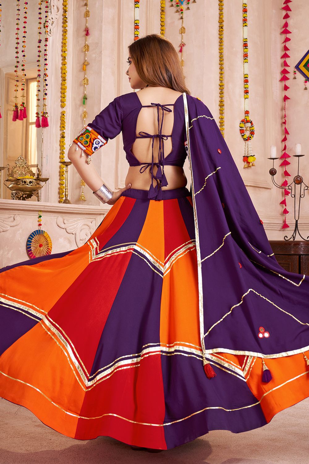 MULTI COLOR VISCOSE COTTON NAVRATRI LEHENGA CHOLI WITH THREAD AND MIRROR WORK
