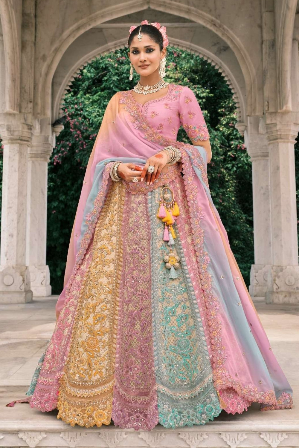 MULTI SILK BRIDAL LEHENGA WITH THREAD AND SEQUINS