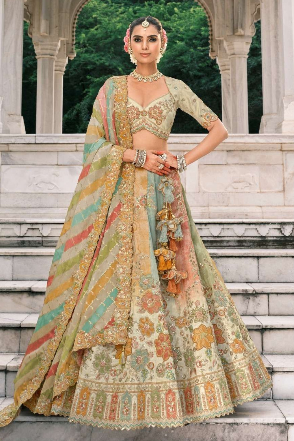 MULTI SILK BRIDAL LEHENGA WITH ZARDOSI WAVING AND SEQUINS
