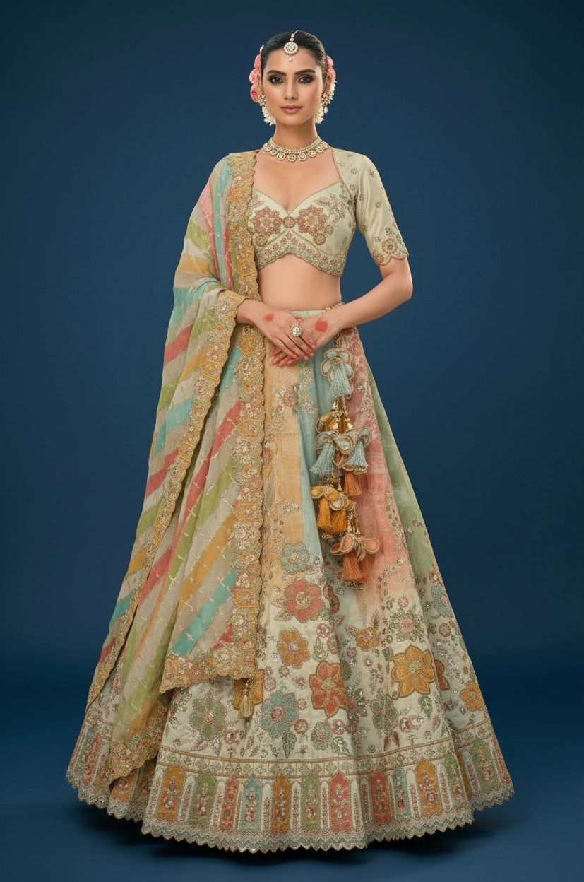 MULTI SILK BRIDAL LEHENGA WITH ZARDOSI WAVING AND SEQUINS