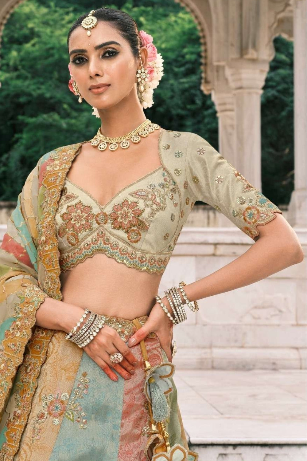 MULTI SILK BRIDAL LEHENGA WITH ZARDOSI WAVING AND SEQUINS