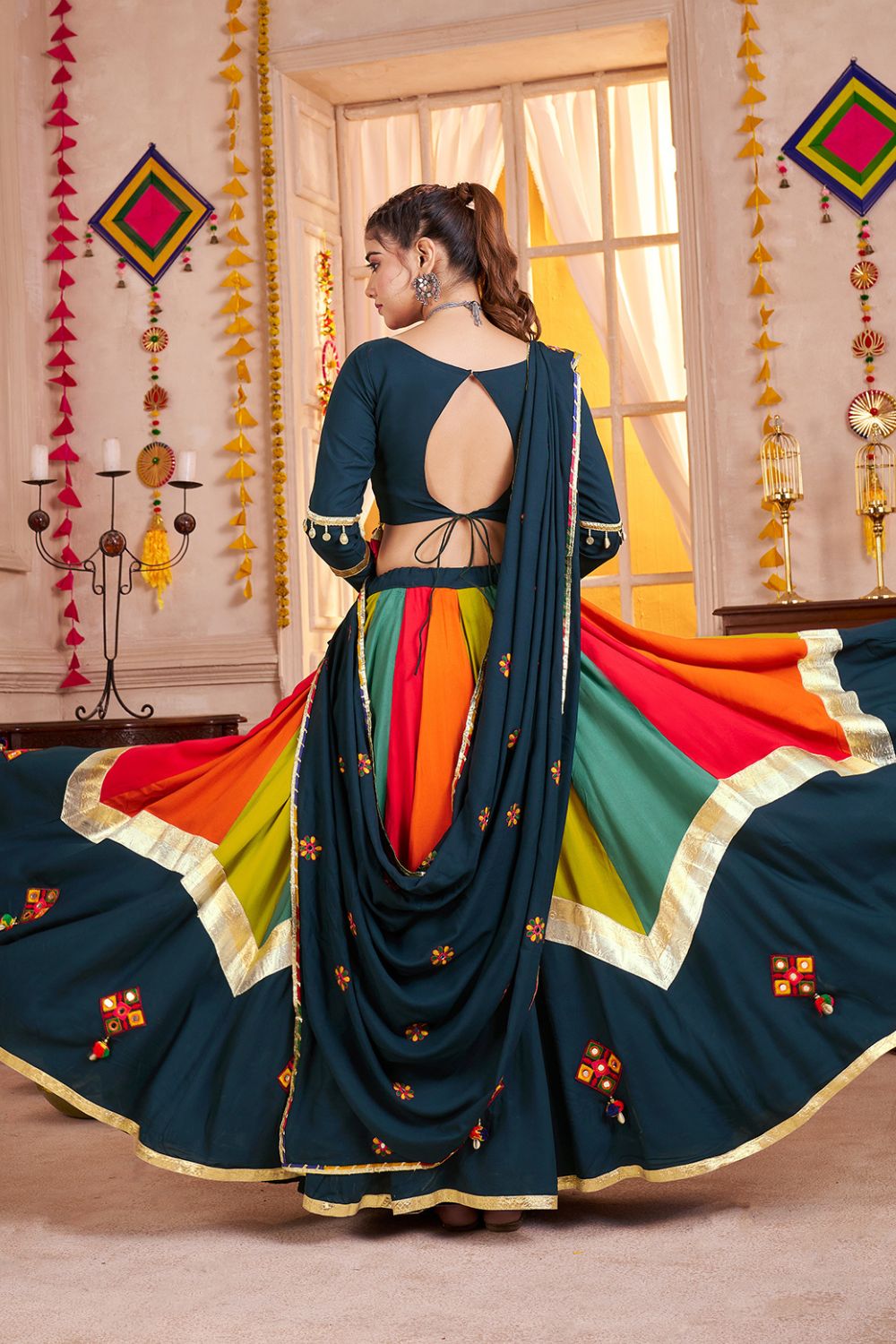 MULTI PURPLE VISCOSE COTTON LEHENGA CHOLI WITH THREAD WORK AND LAMPI BORDERING