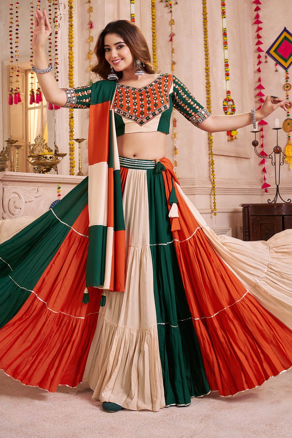 MULTI VISCOSE COTTON NAVRATRI LEHENGA CHOLI WITH KUTCHI PATCH AND MIRROR WORK