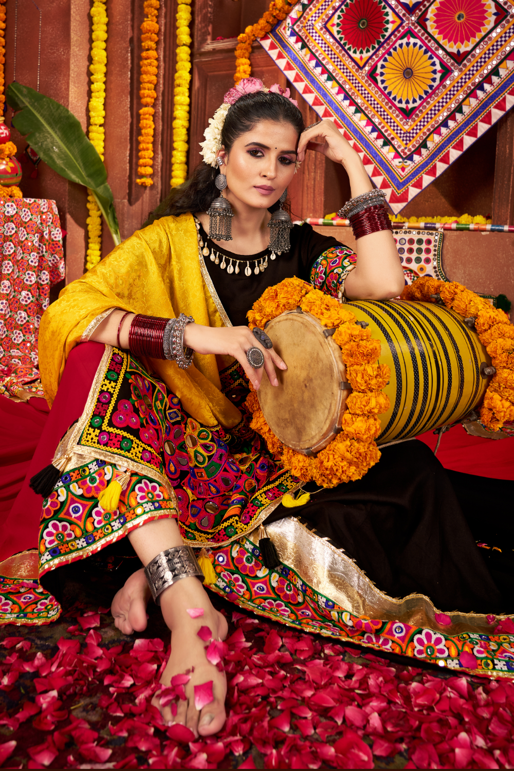 MULTI VISCOSE COTTON NAVRATRI LEHENGA CHOLI WITH MIRROR WORK
