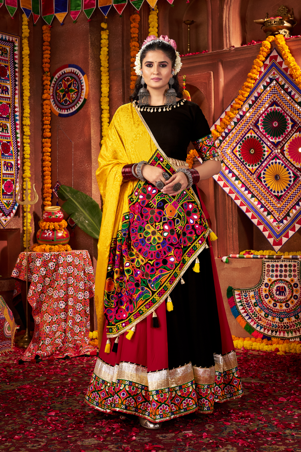 MULTI VISCOSE COTTON NAVRATRI LEHENGA CHOLI WITH MIRROR WORK