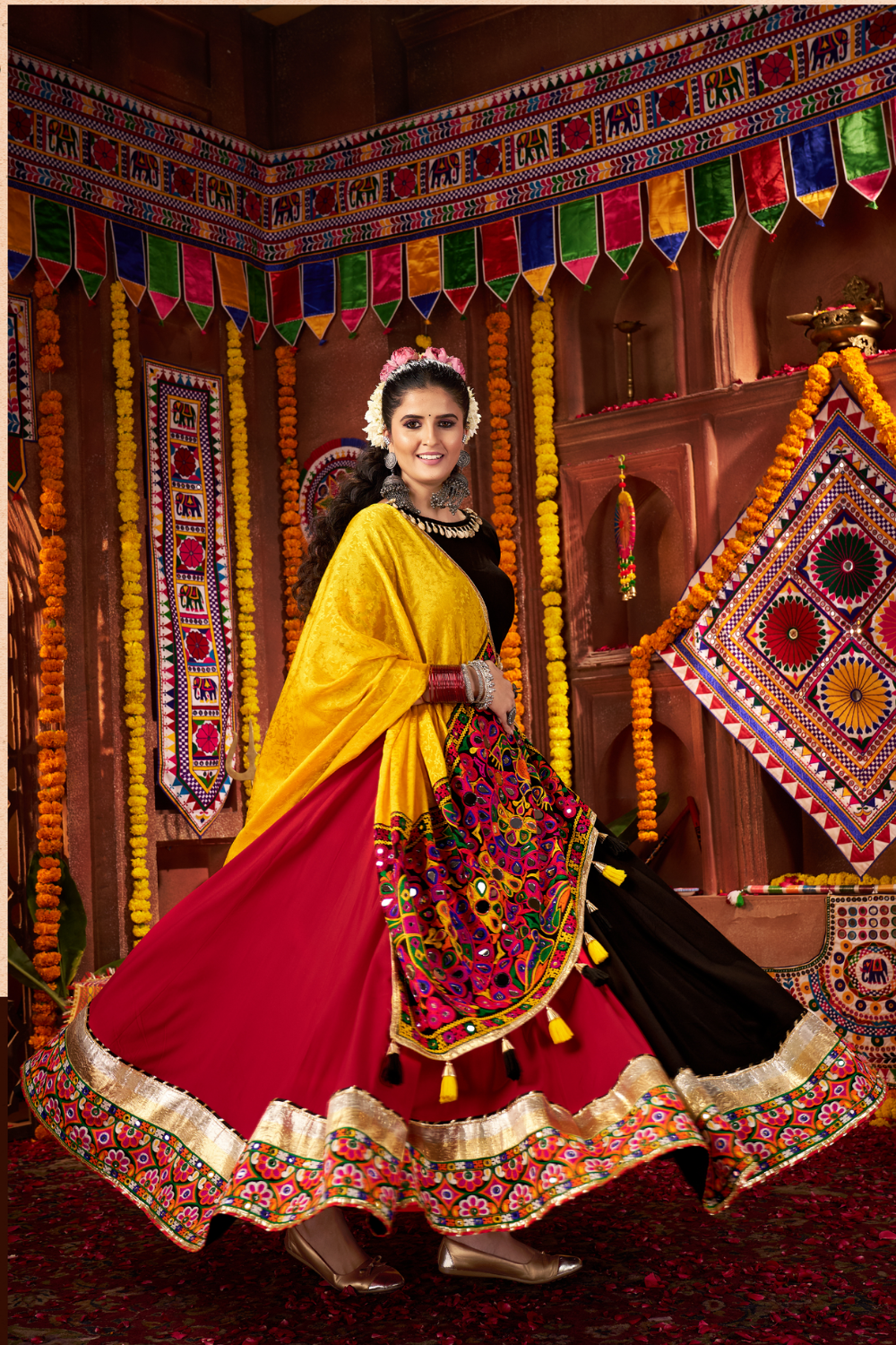 MULTI VISCOSE COTTON NAVRATRI LEHENGA CHOLI WITH MIRROR WORK