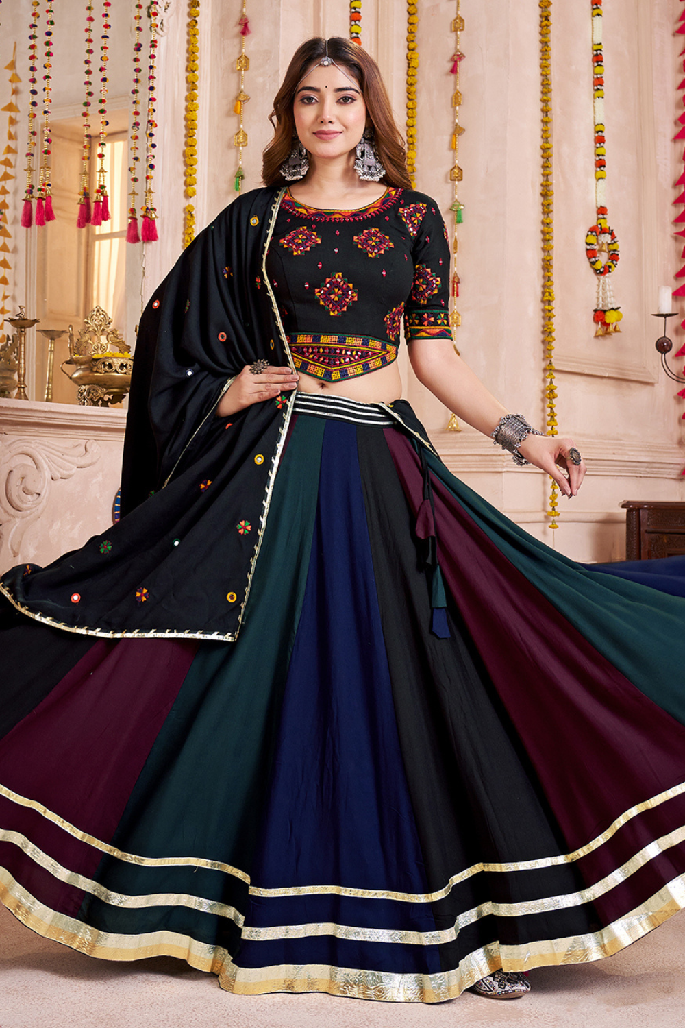 MULTI VISCOSE COTTON NAVRATRI LEHENGA CHOLI WITH THREAD AND MIRROR WORK