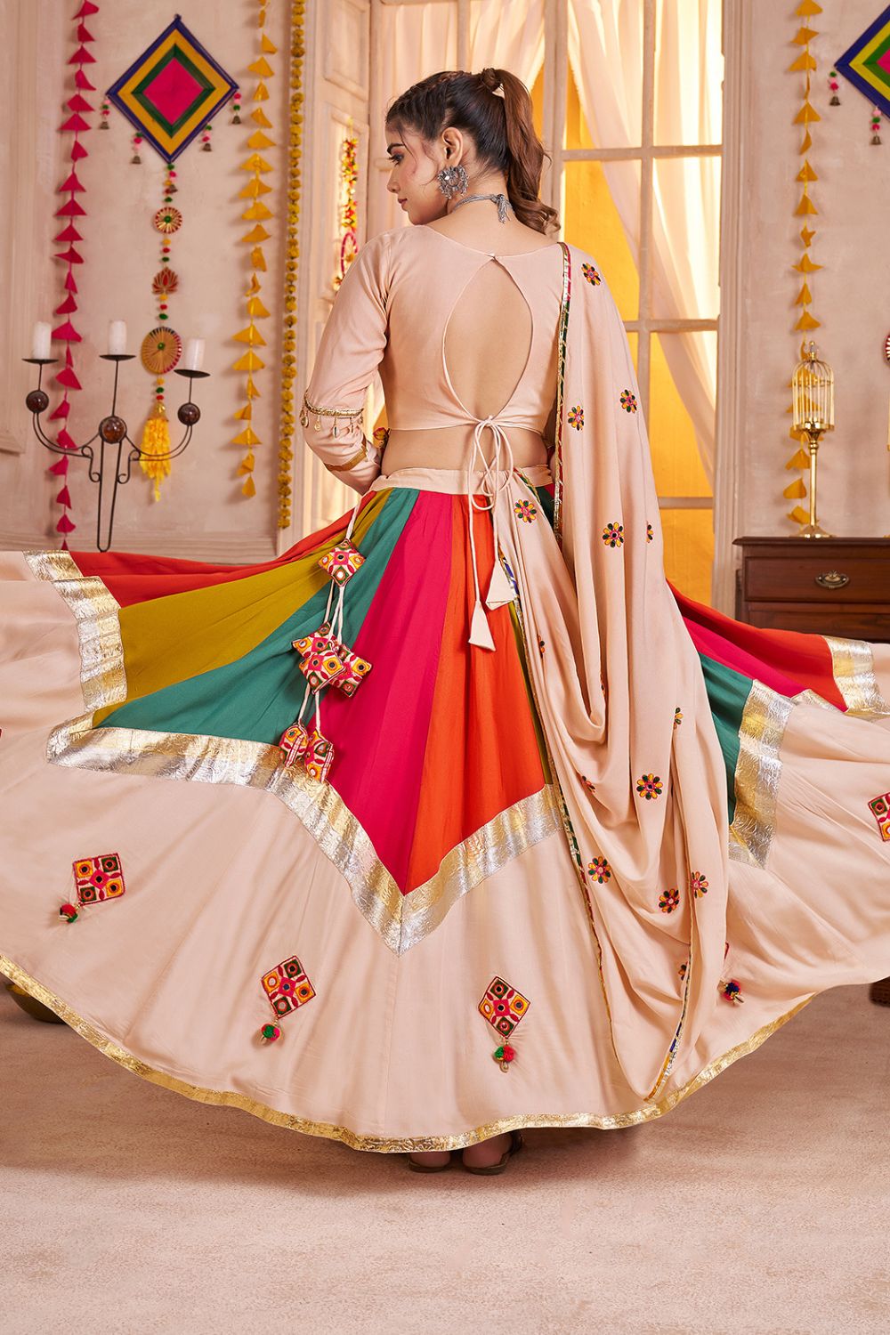 MULTI PURPLE VISCOSE COTTON LEHENGA CHOLI WITH THREAD WORK AND LAMPI BORDERING