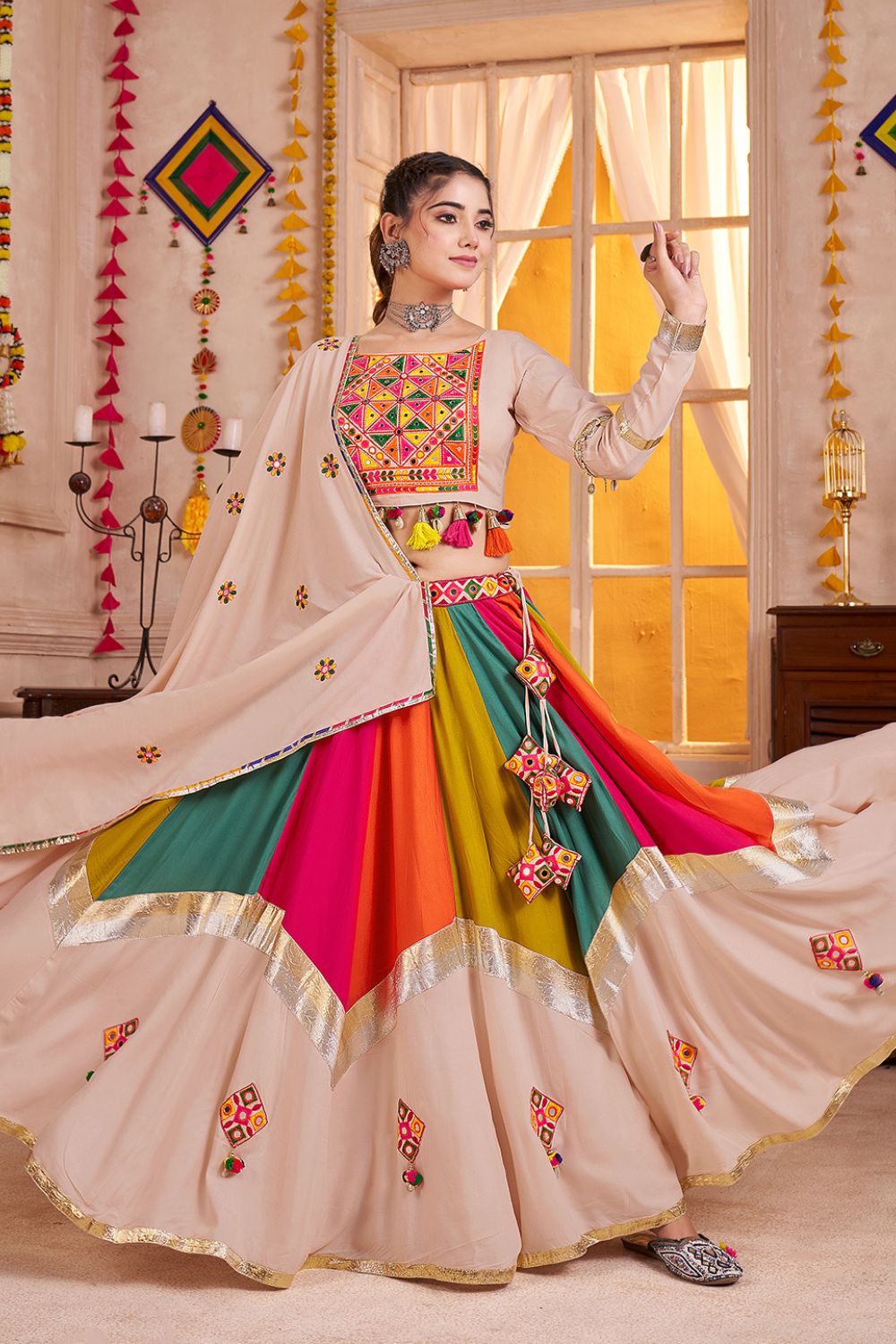 MULTI PURPLE VISCOSE COTTON LEHENGA CHOLI WITH THREAD WORK AND LAMPI BORDERING