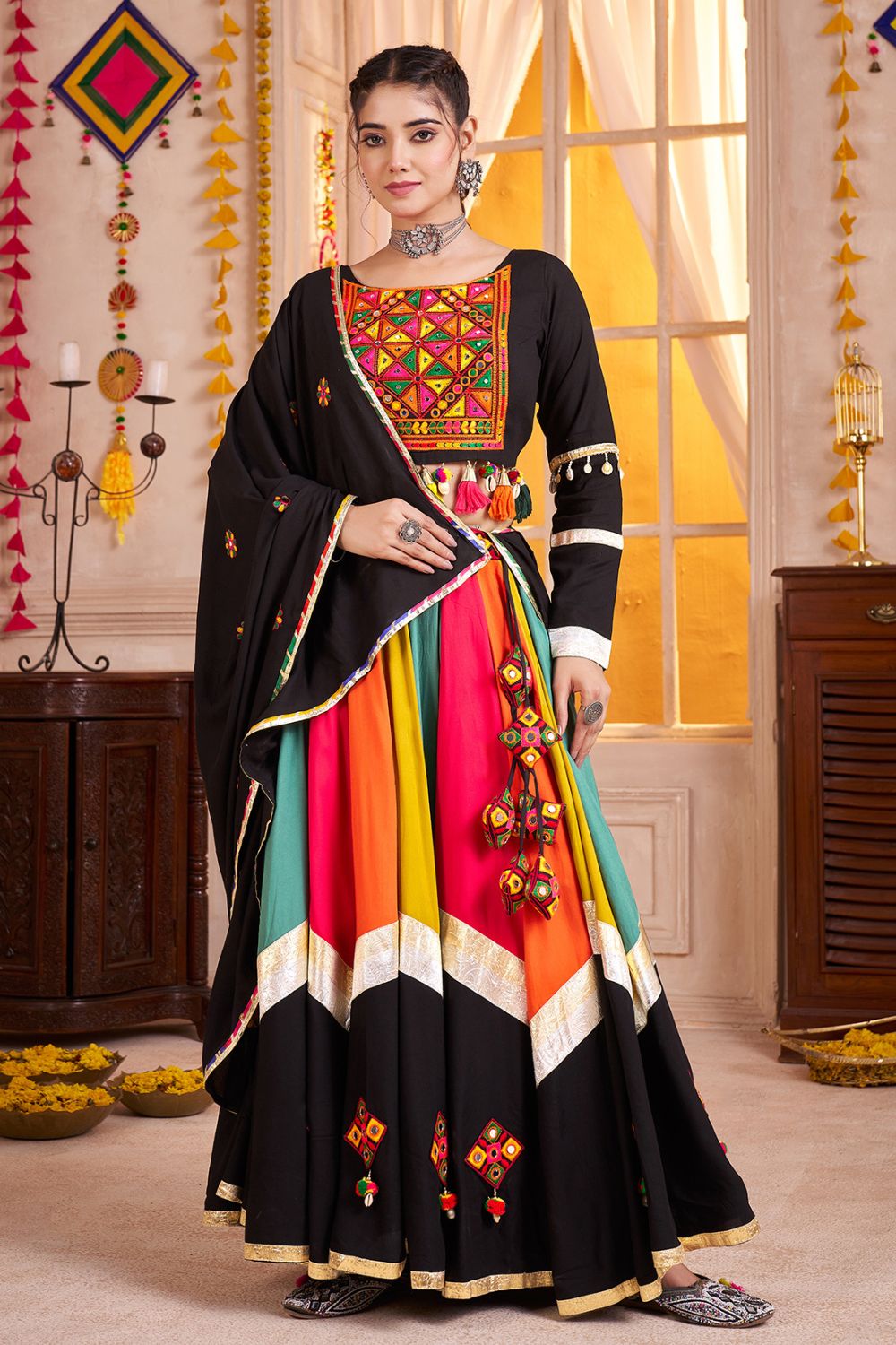 MULTI PURPLE VISCOSE COTTON LEHENGA CHOLI WITH THREAD WORK AND LAMPI BORDERING
