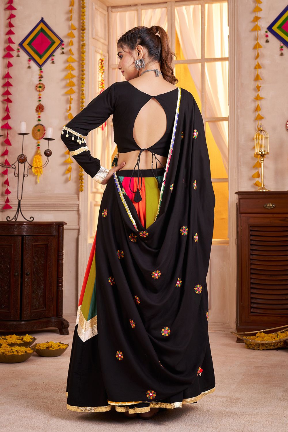MULTI PURPLE VISCOSE COTTON LEHENGA CHOLI WITH THREAD WORK AND LAMPI BORDERING