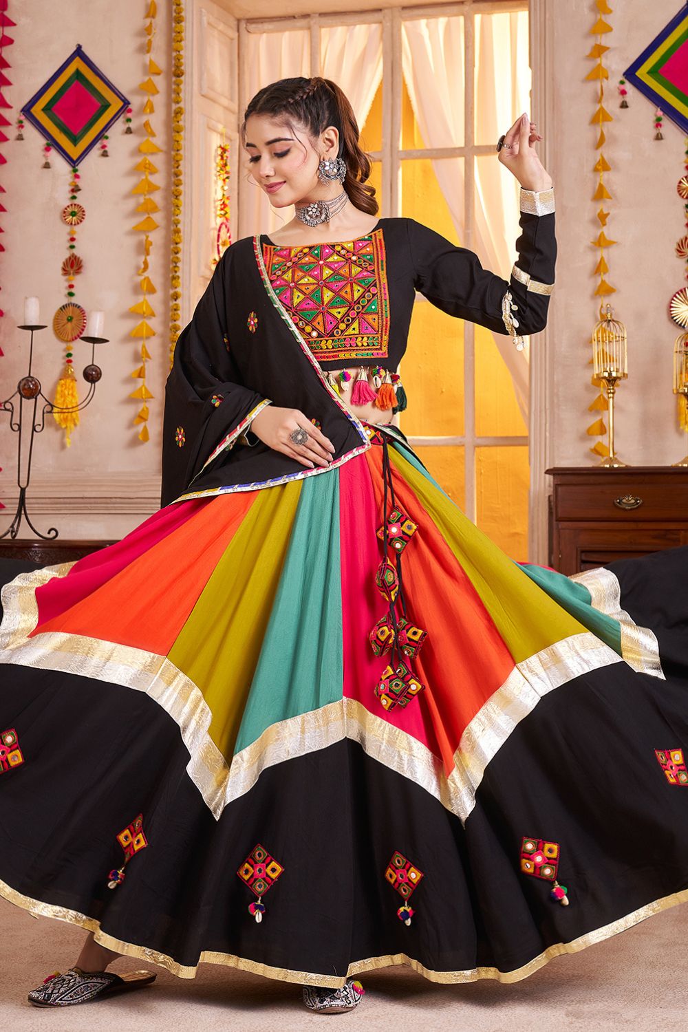 MULTI PURPLE VISCOSE COTTON LEHENGA CHOLI WITH THREAD WORK AND LAMPI BORDERING