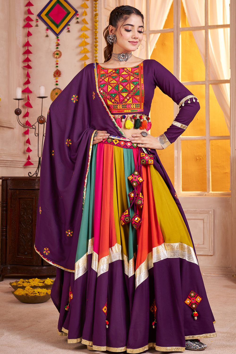 MULTI PURPLE VISCOSE COTTON LEHENGA CHOLI WITH THREAD WORK AND LAMPI BORDERING