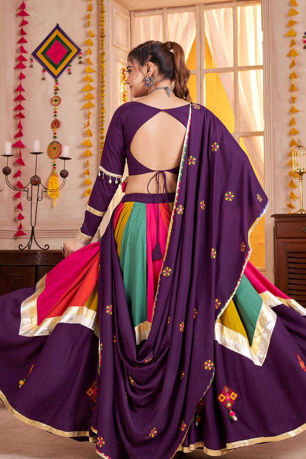 MULTI PURPLE VISCOSE COTTON LEHENGA CHOLI WITH THREAD WORK AND LAMPI BORDERING
