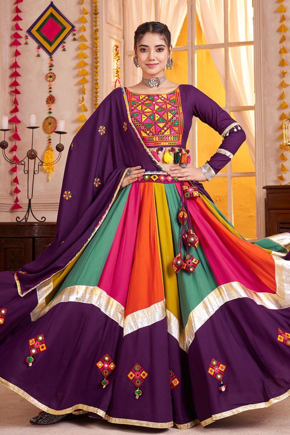 MULTI PURPLE VISCOSE COTTON LEHENGA CHOLI WITH THREAD WORK AND LAMPI BORDERING