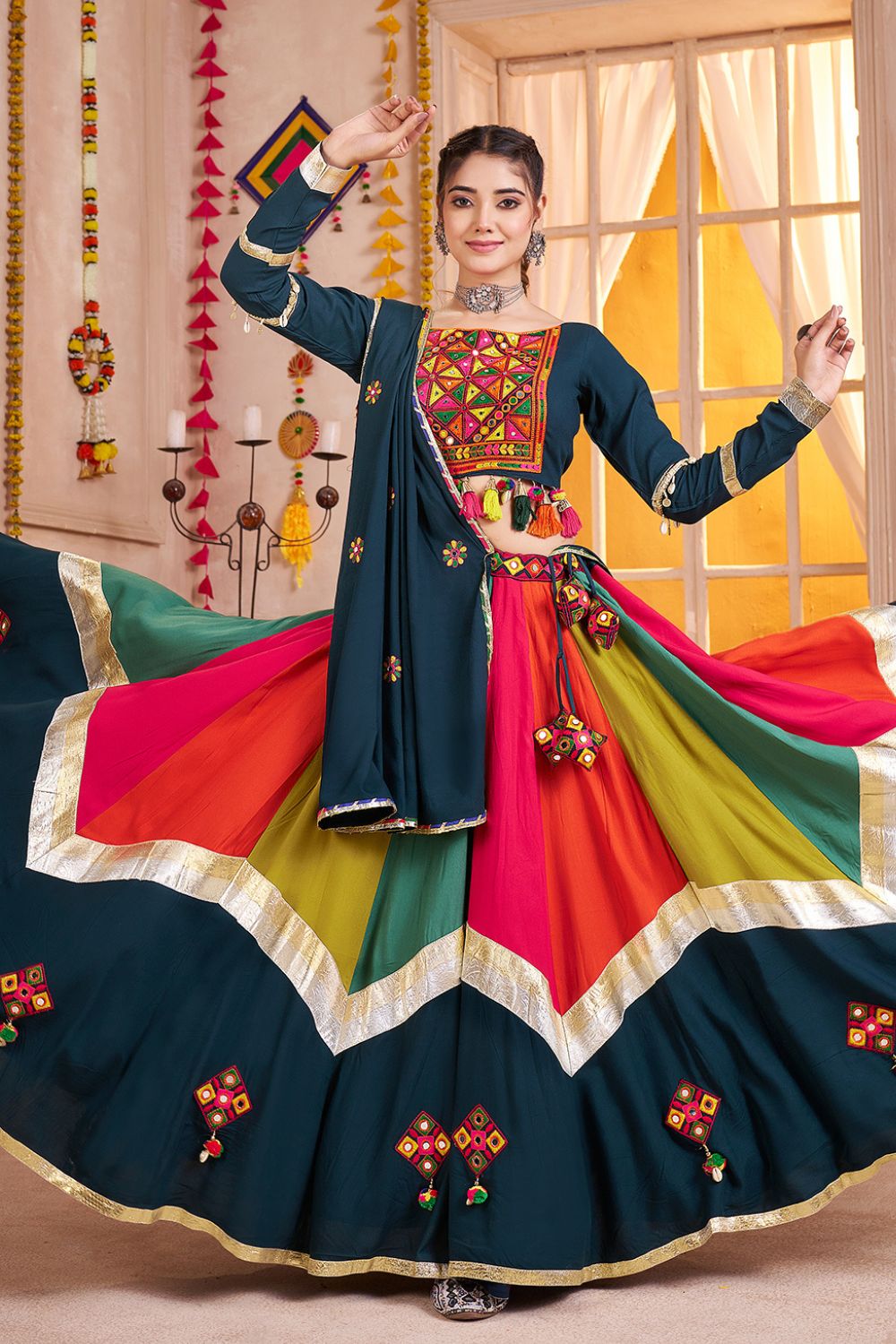 MULTI PURPLE VISCOSE COTTON LEHENGA CHOLI WITH THREAD WORK AND LAMPI BORDERING