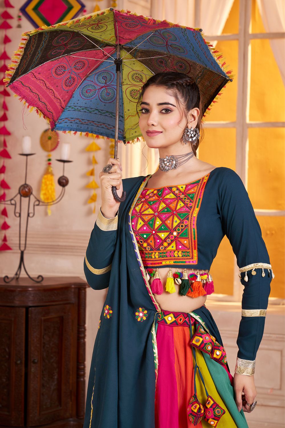 MULTI PURPLE VISCOSE COTTON LEHENGA CHOLI WITH THREAD WORK AND LAMPI BORDERING