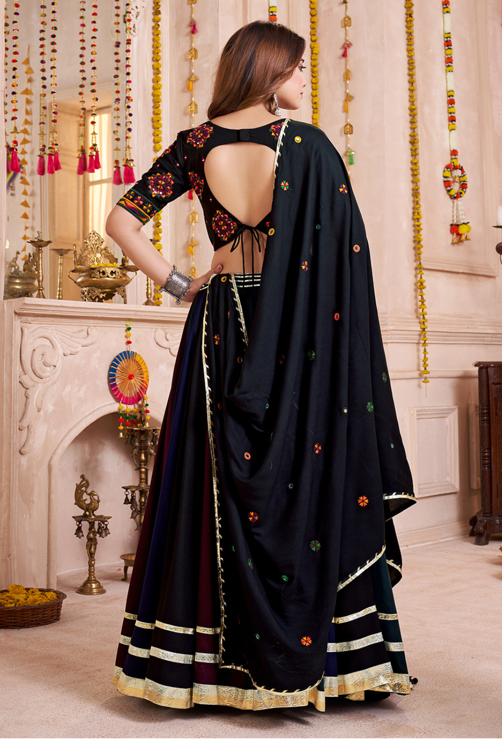MULTI VISCOSE COTTON NAVRATRI LEHENGA CHOLI WITH THREAD AND MIRROR WORK